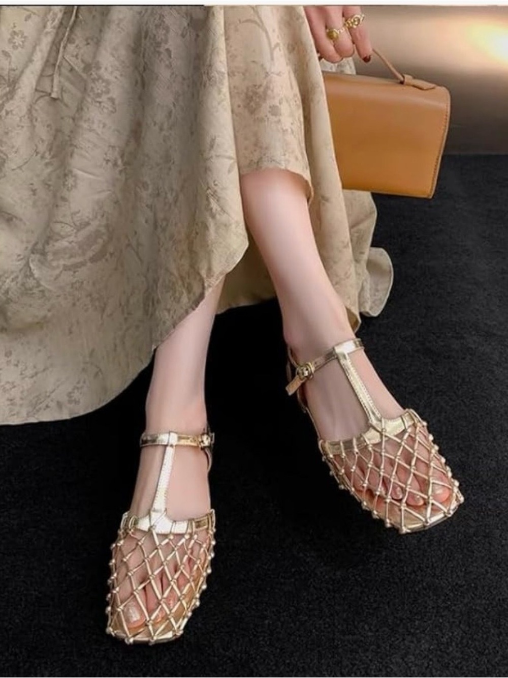 Gold T-Strap Net Ballet Flats for Women
